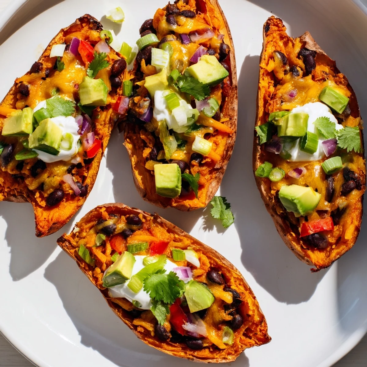 Golden baked sweet potato skins filled with seasoned black beans and melted cheddar, topped with creamy sour cream and diced avocado.