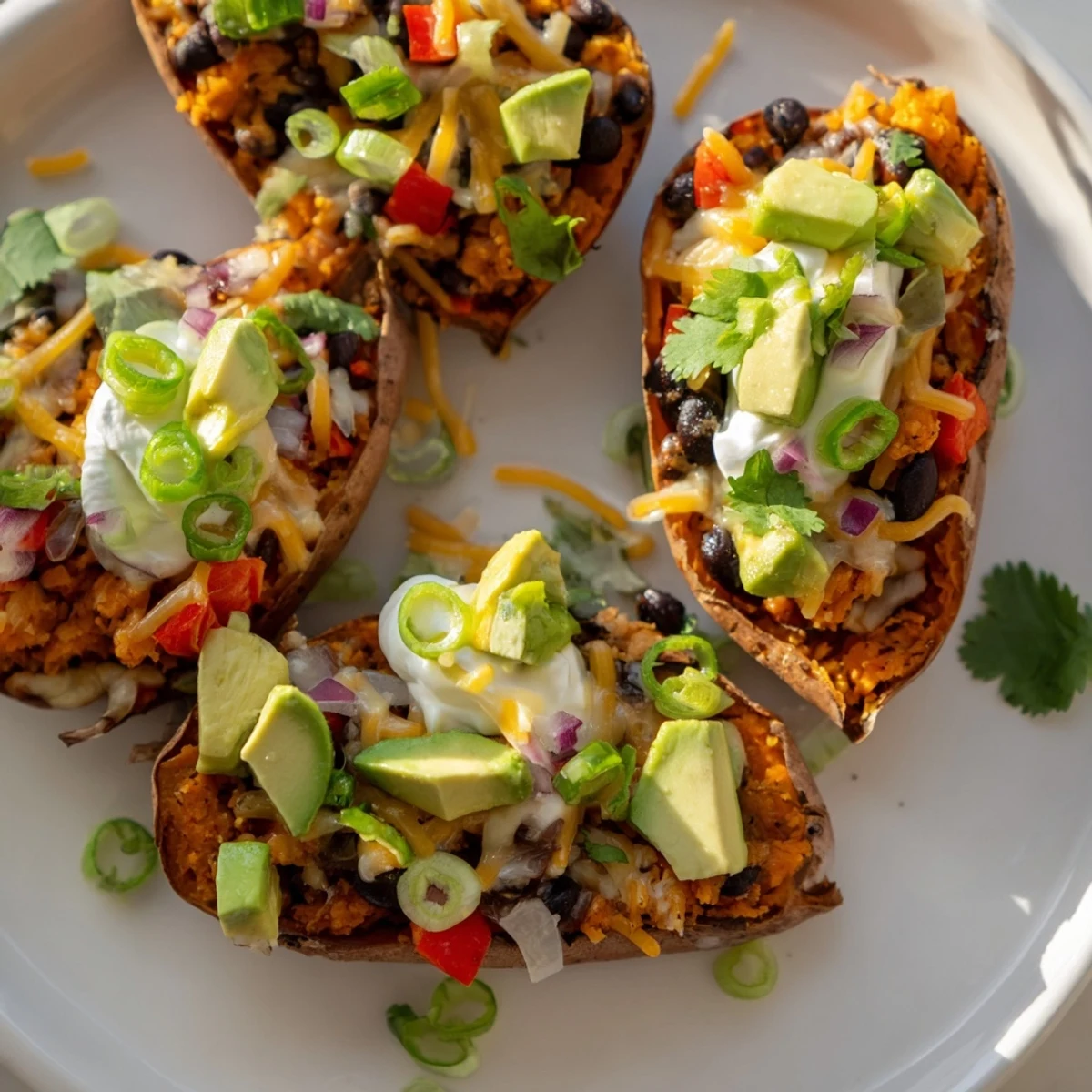 A close-up view of Loaded Sweet Potato Skins with Black Beans and Cheese, showcasing bubbly cheese and fresh cilantro garnish.