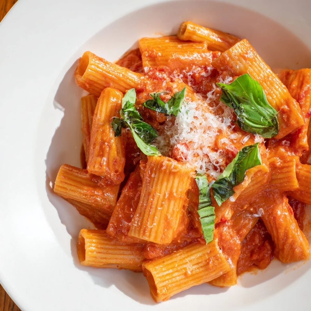 Creamy Tomato Pasta with Fresh Basil Leaves twirled onto a white plate, garnished with grated Parmesan and extra torn basil.