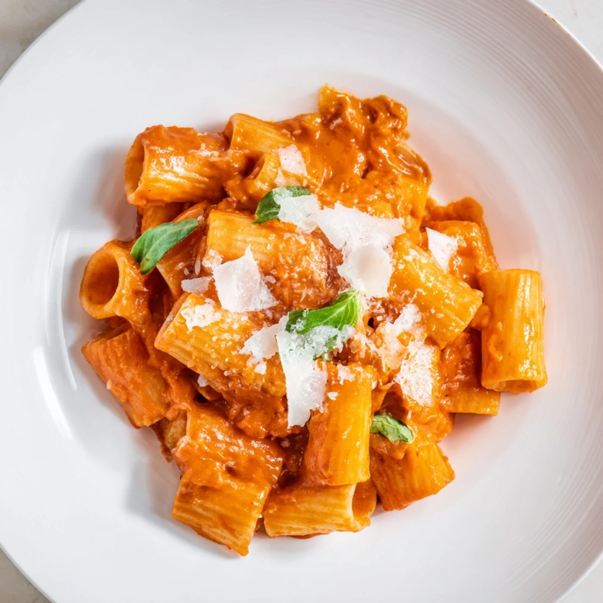 Fork-twirled Creamy Tomato Pasta with Fresh Basil Leaves beside a glass of Pinot Grigio on a rustic table.