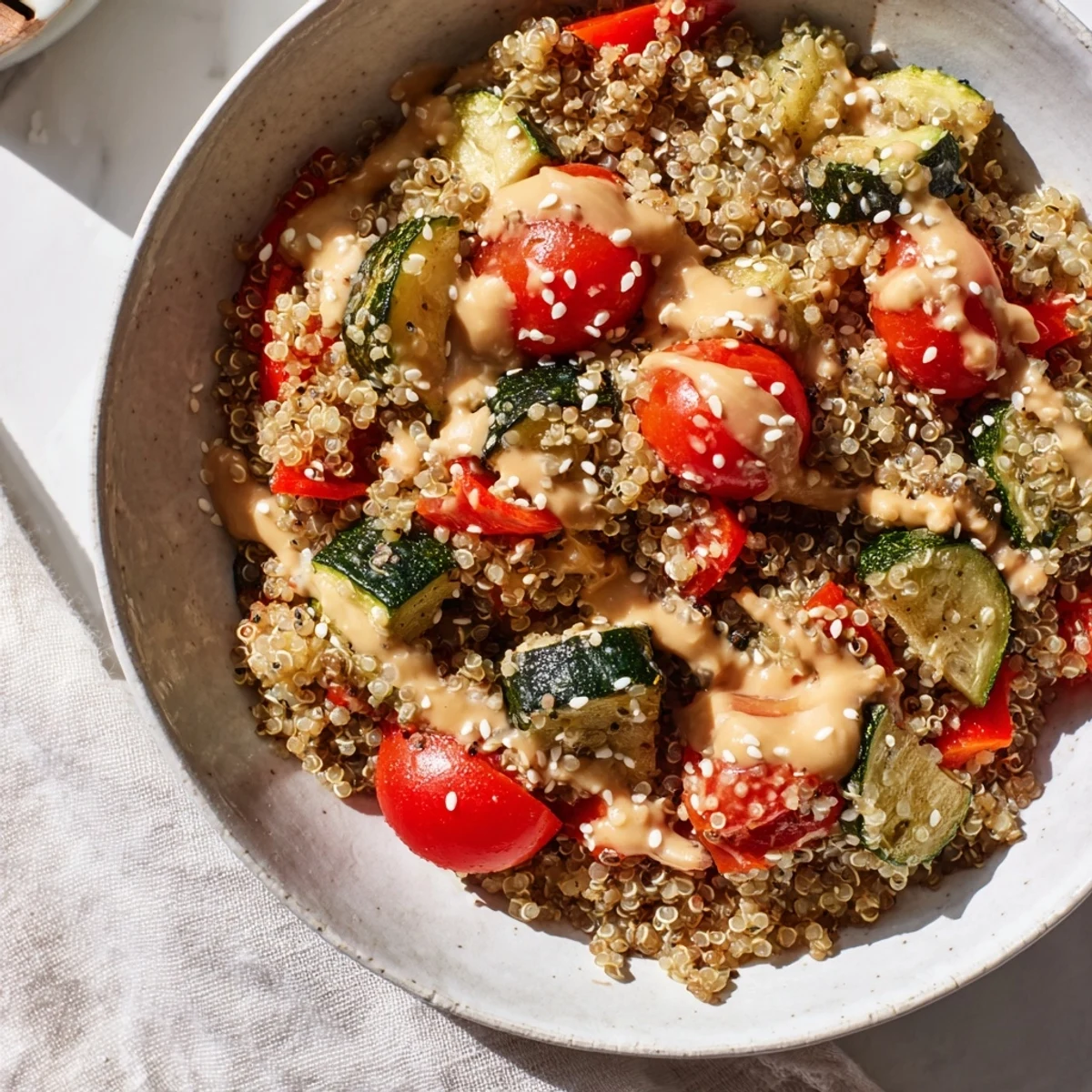 A vibrant Roasted Vegetable Quinoa Bowl with tahini dressing, loaded with golden carrots and zucchini.