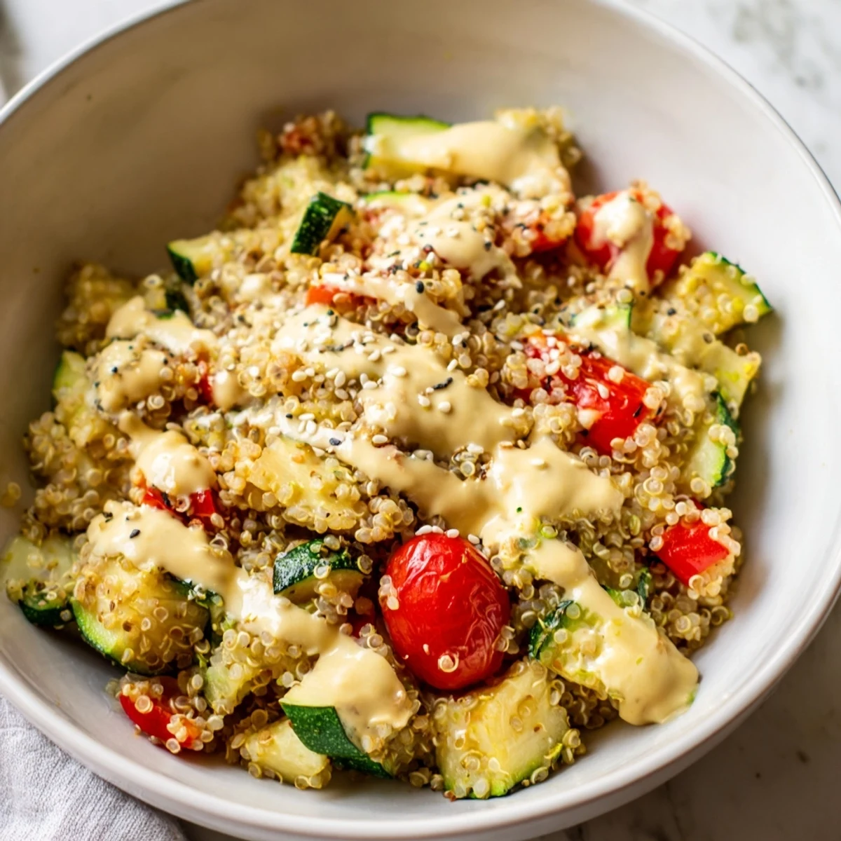 Fresh avocado slices and lemon wedges garnish this wholesome Roasted Vegetable Quinoa Bowl meal.