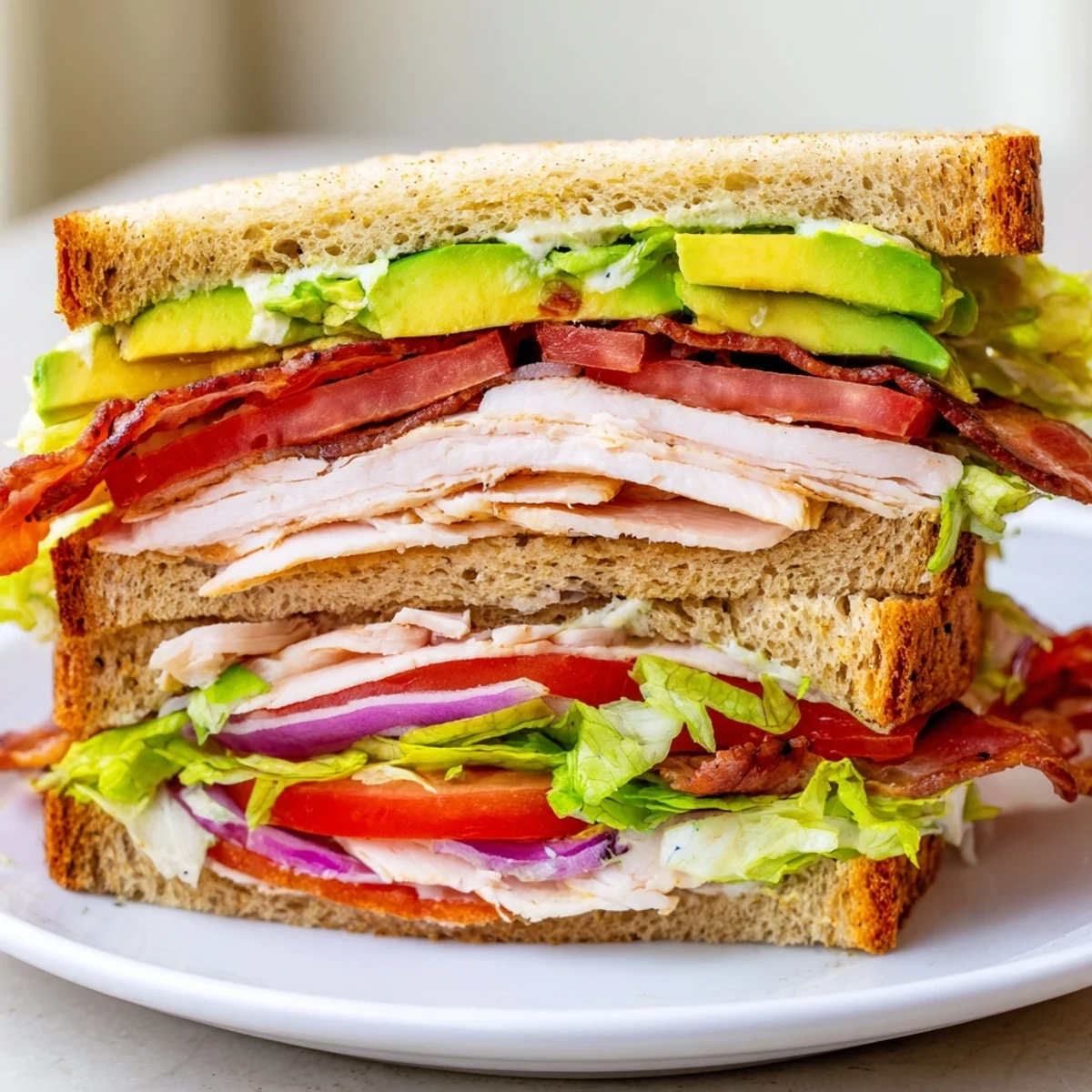 A satisfying Turkey Club Sandwich cut in halves, revealing layers of ripe avocado, tangy mayonnaise, and ripe tomato slices on whole wheat bread.
