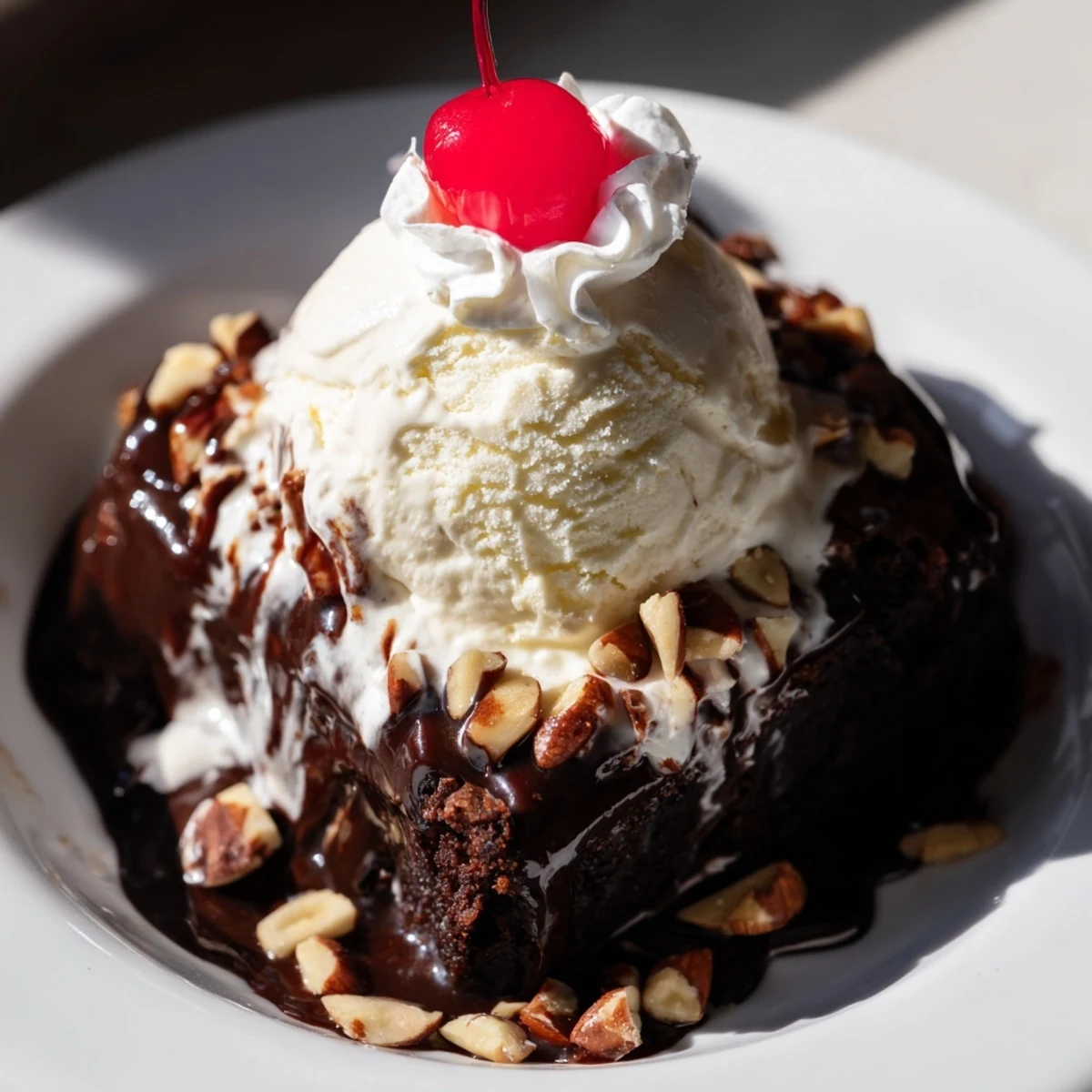 Decadent Chocolate Brownie Sundae featuring gooey hot fudge melting over scoops of vanilla ice cream.