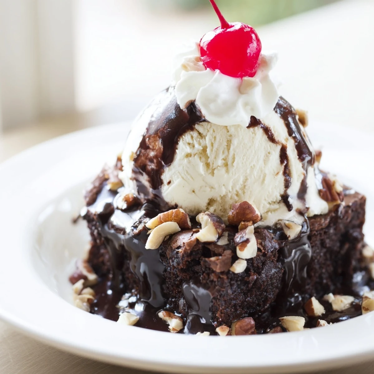 Chocolate Brownie Sundae with Hot Fudge Sauce served with toasted nuts in a cozy dessert bowl.