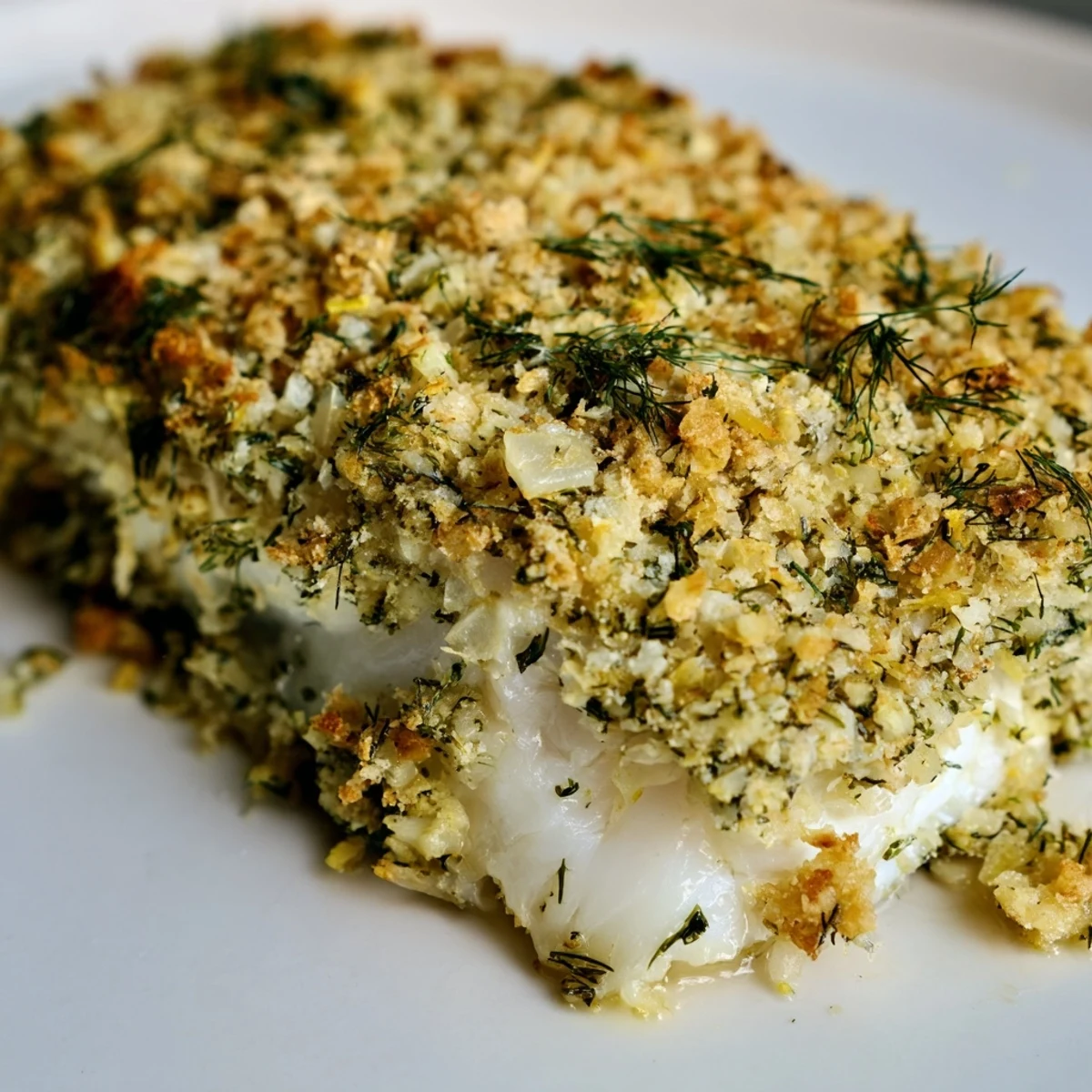 Golden-brown Baked Hake with Lemon and Herb Crust sits on a white plate, garnished with fresh parsley and lemon wedges for a bright flavor.