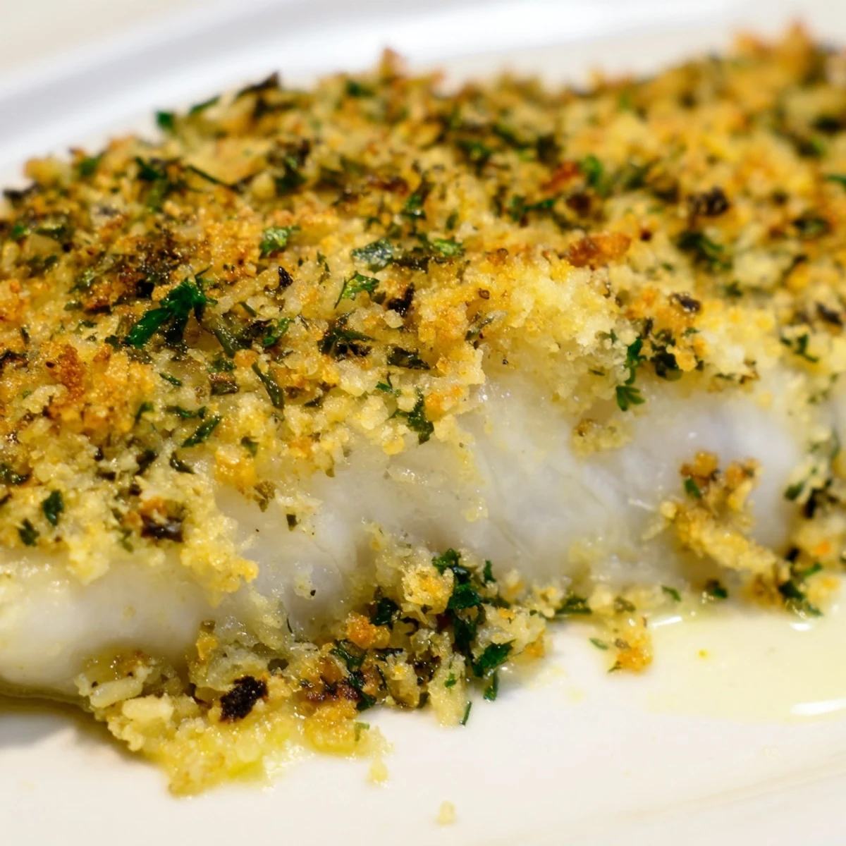 Fresh ingredients like lemon zest and dill top this delicious Baked Hake with Lemon and Herb Crust baked until flaky and tender.