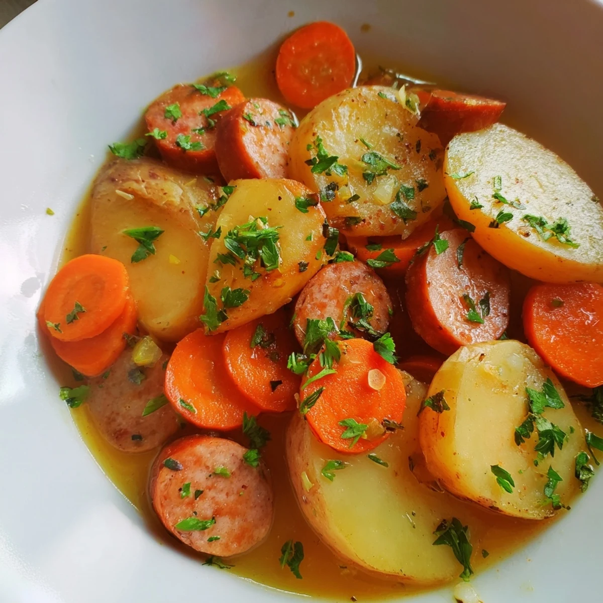 Steaming hot Dublin Coddle with Chicken Sausage featuring tender potatoes, carrots, and onions in a savory broth, served in a rustic pot.