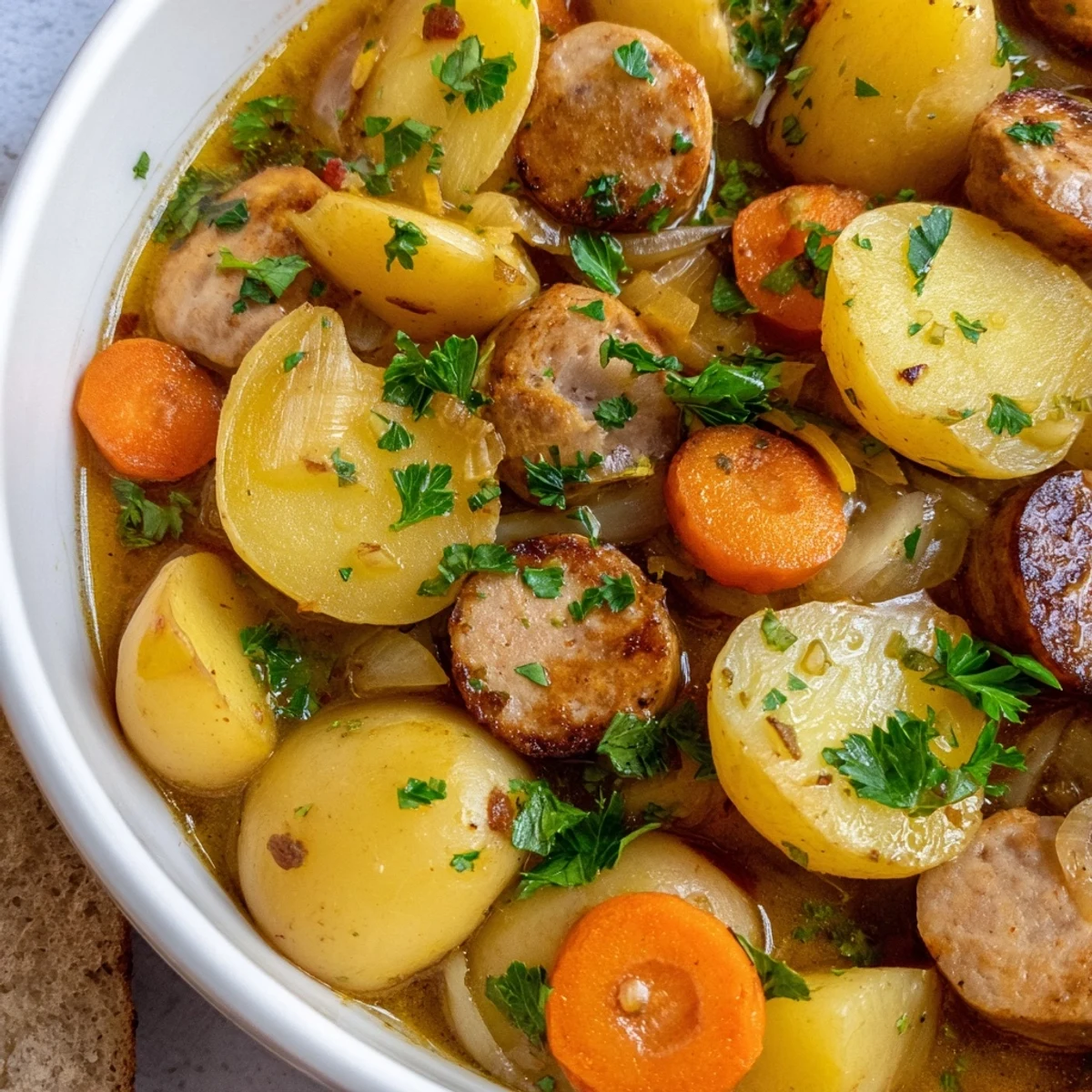 Golden Dublin Coddle with Chicken Sausage and vegetables simmering in a Dutch oven, ready to be served with crusty bread for a cozy meal.
