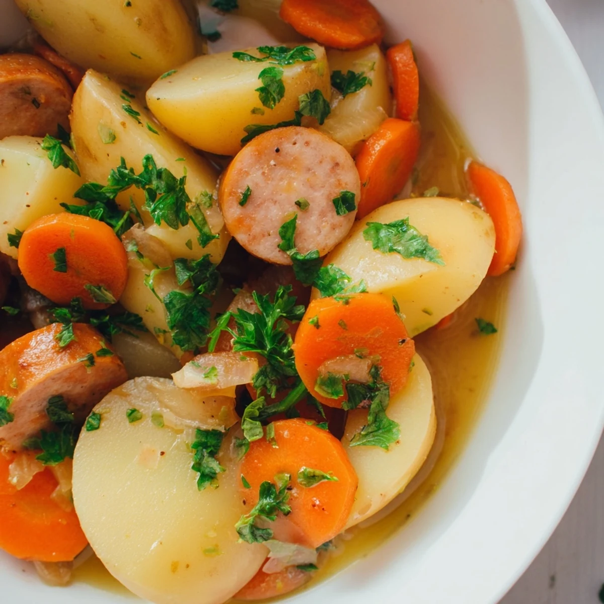 Slices of browned chicken sausage layered with potatoes and fresh parsley on a plate, highlighting this lighter Irish stew recipe for family dinner.