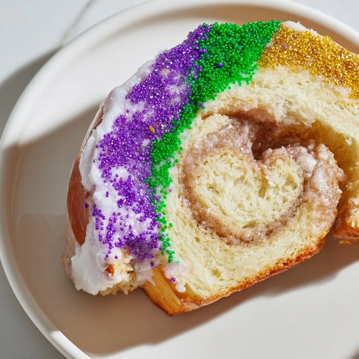 Golden King Cake with vibrant purple, green, and gold sugar sprinkles on a wooden board, ready for Mardi Gras.