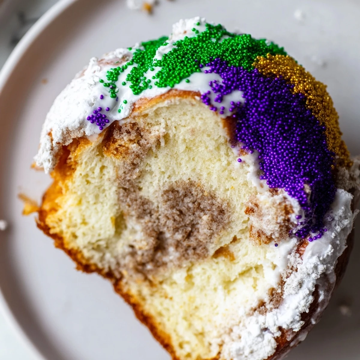 Festive New Orleans King Cake with a tender crumb, decorated with purple, green, and gold sugar for celebration.