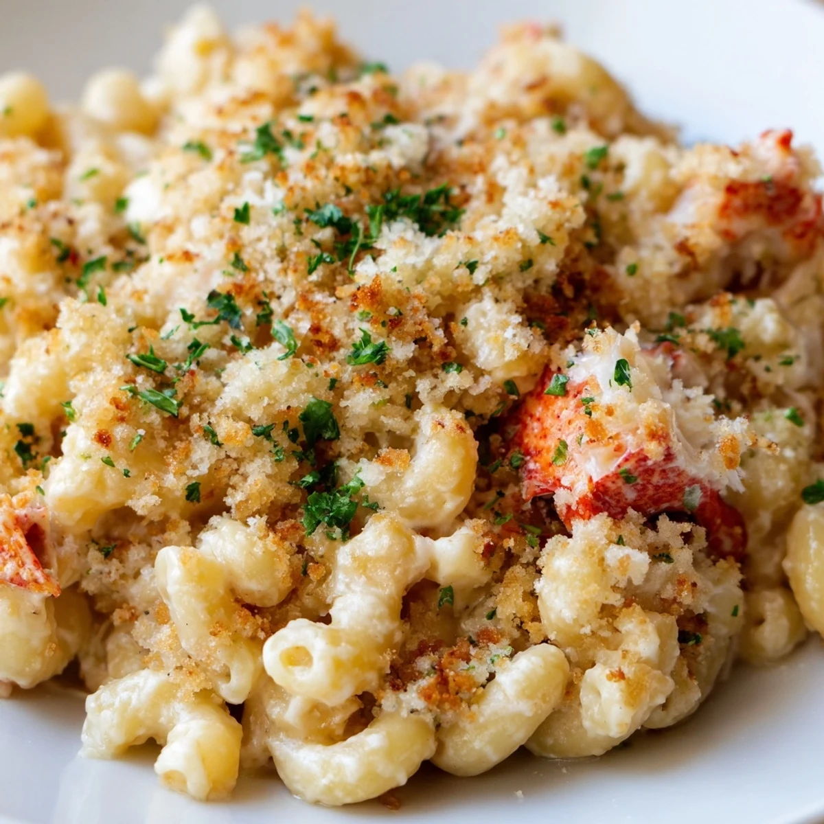A close-up of Romantic Lobster Mac and Cheese, featuring golden panko crumbs on a creamy, cheesy pasta bake with tender lobster chunks, ready to serve in a cozy dish.