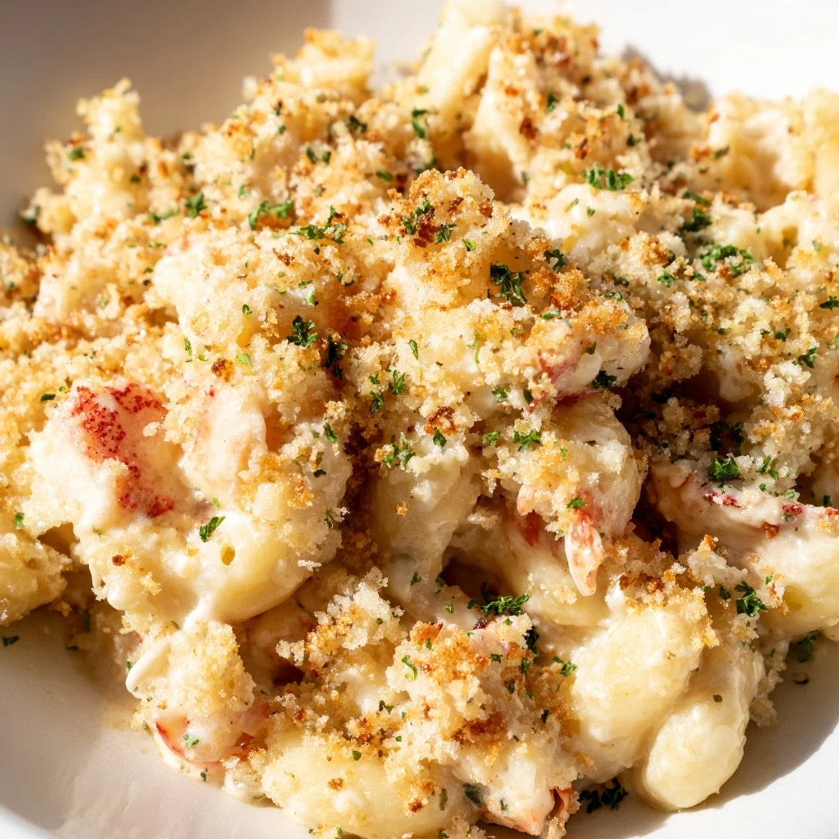 Golden-brown Romantic Lobster Mac and Cheese emerges from the oven, bubbling with rich cheese sauce and chunks of succulent lobster, served as a romantic main dish for two.