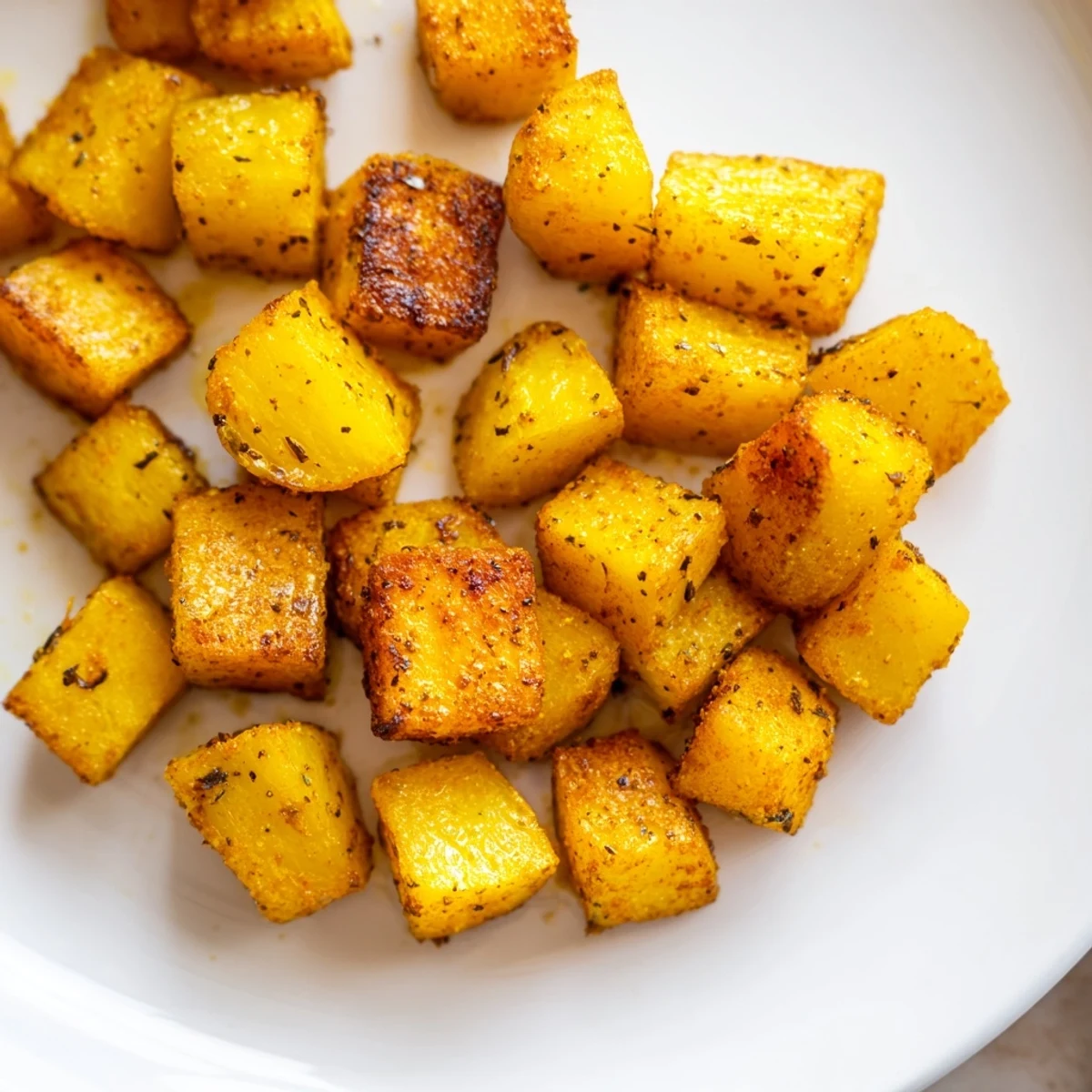 Crispy Pot of Gold Turmeric Roasted Potatoes garnished with fresh cilantro and lemon wedges.  