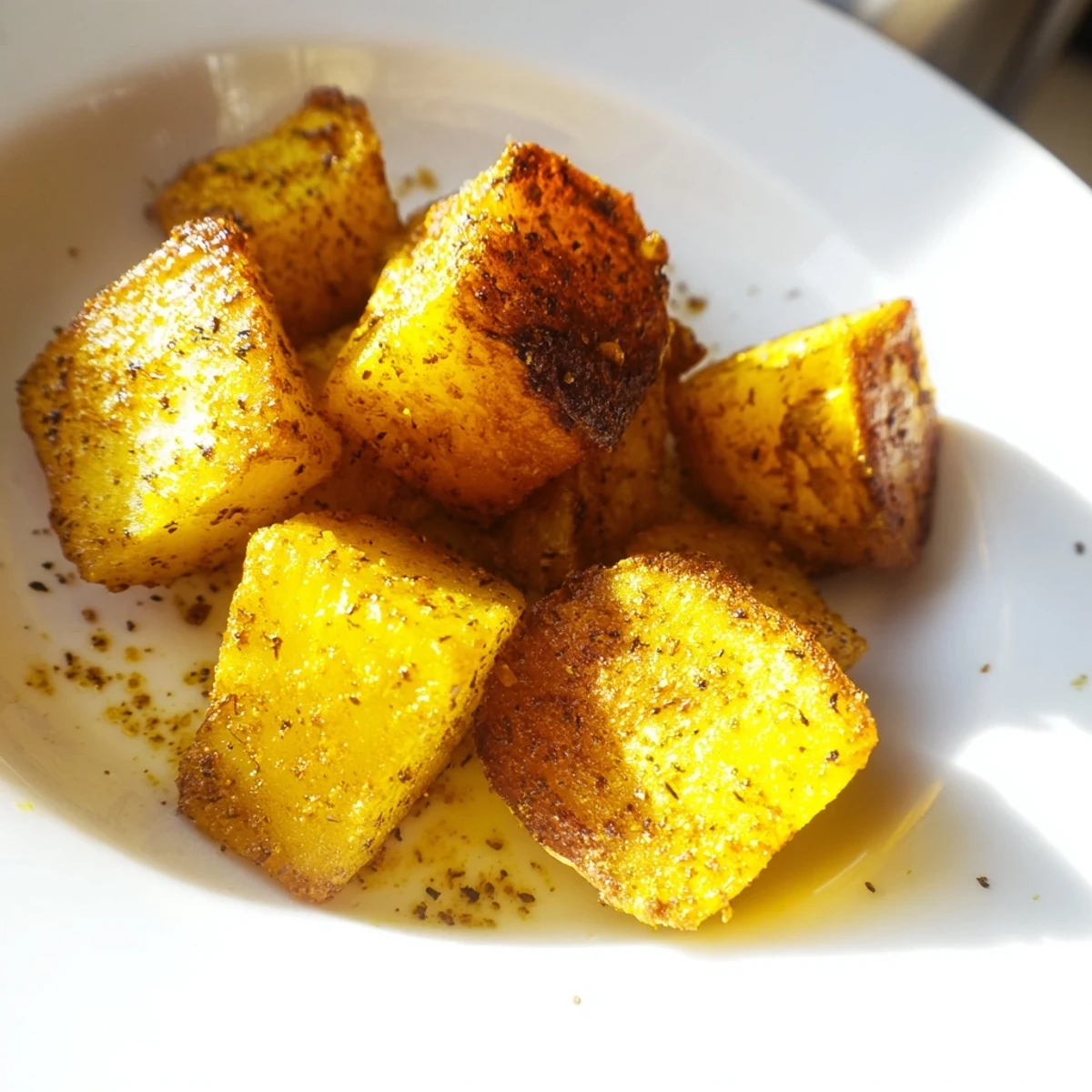 Savory Pot of Gold Turmeric Roasted Potatoes served hot alongside grilled tofu or roasted meats.