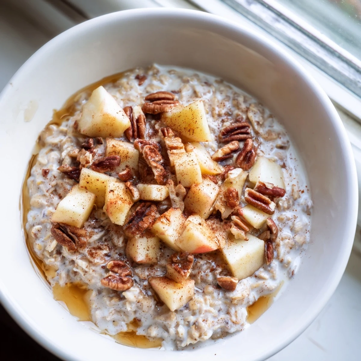 A spoon scooping into creamy Warm Apple Cinnamon Oatmeal with Pecans, revealing tender apples and aromatic cinnamon spices throughout.