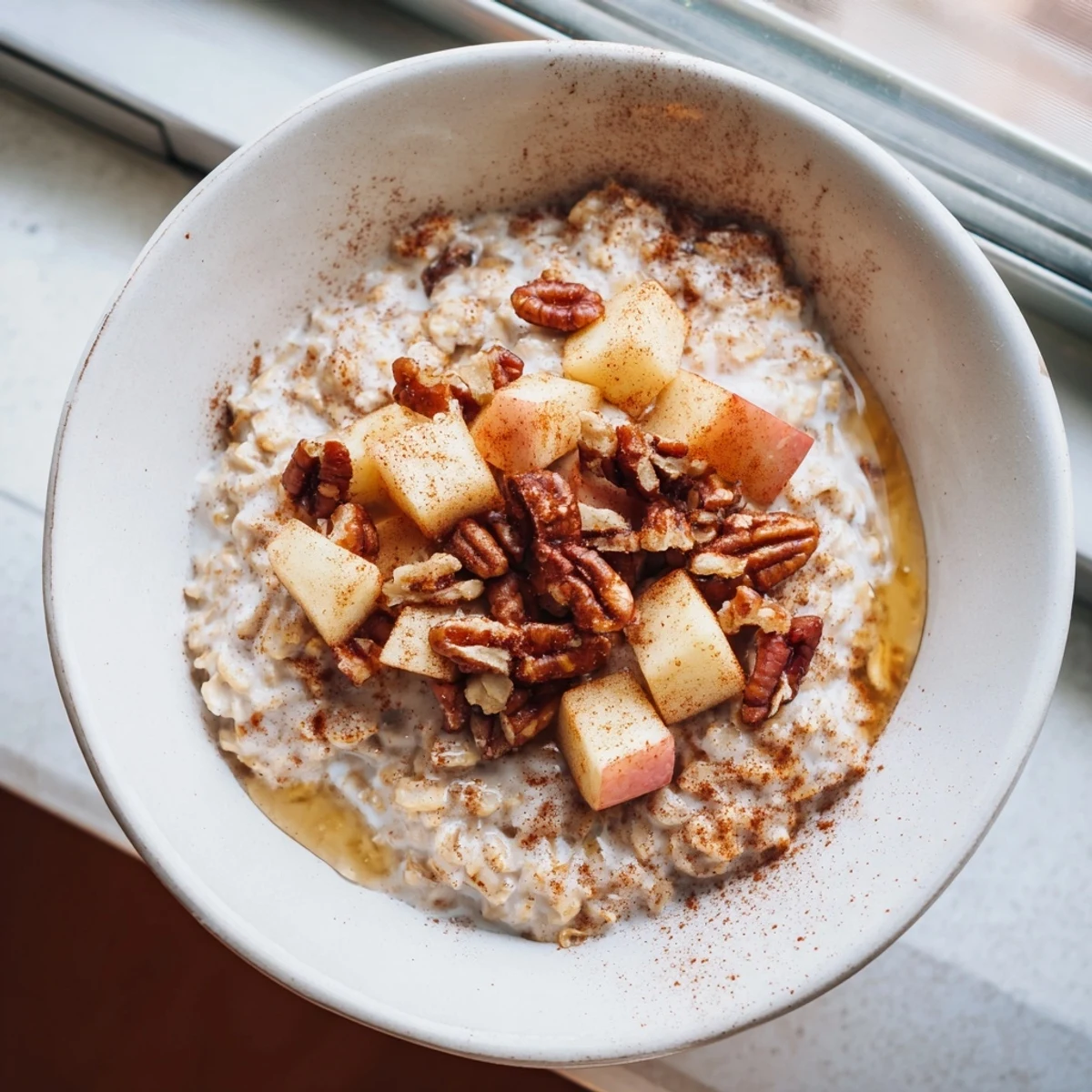 Steaming bowl of Warm Apple Cinnamon Oatmeal with Pecans, topped with fresh apple slices and maple syrup for a cozy morning.