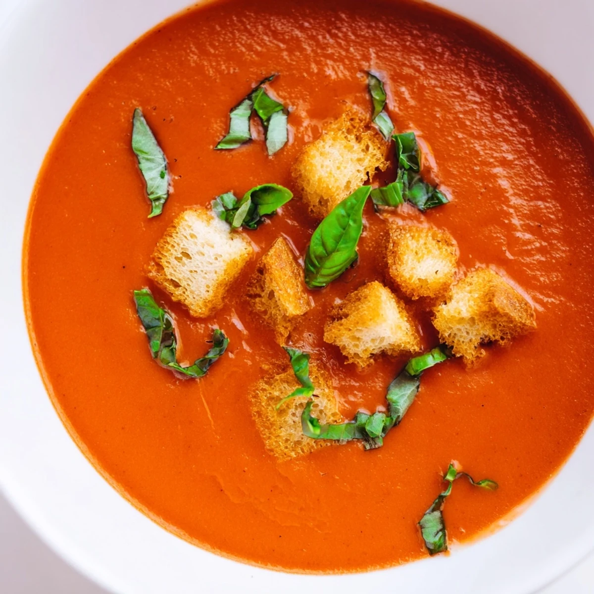 Creamy Tomato Basil Bisque in a rustic bowl topped with golden, crispy croutons and fresh basil garnish.