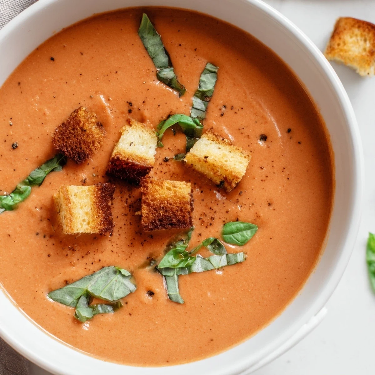 A steaming bowl of Creamy Tomato Basil Bisque with crunchy croutons and fresh basil leaves on a table.