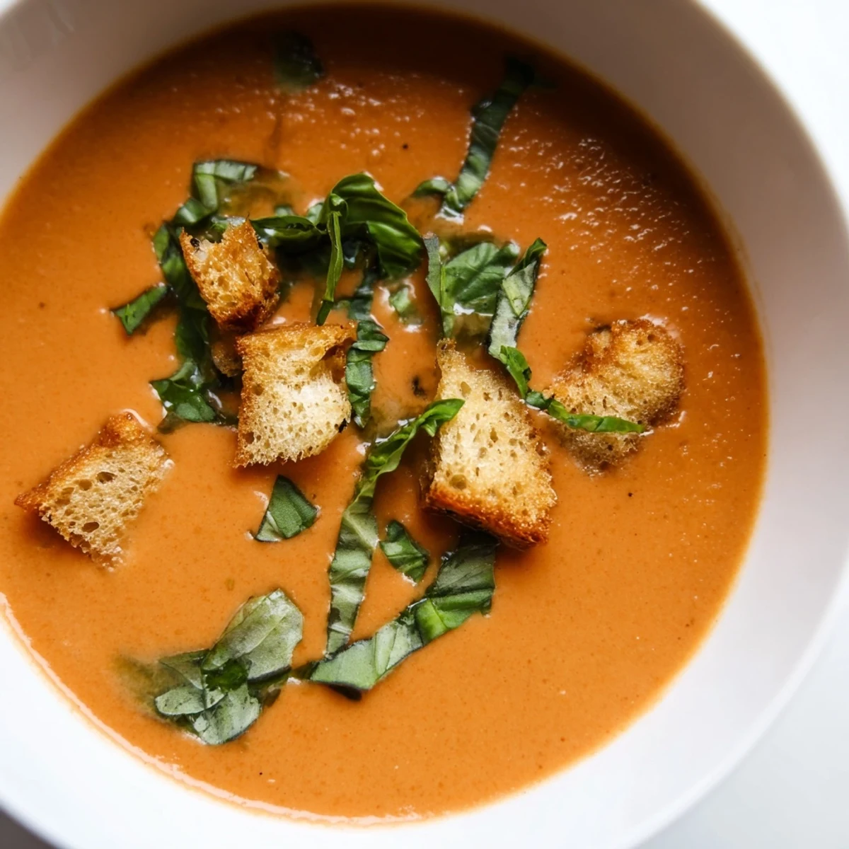 Spoon dipping into velvety Creamy Tomato Basil Bisque, garnished with basil and served with crunchy croutons.