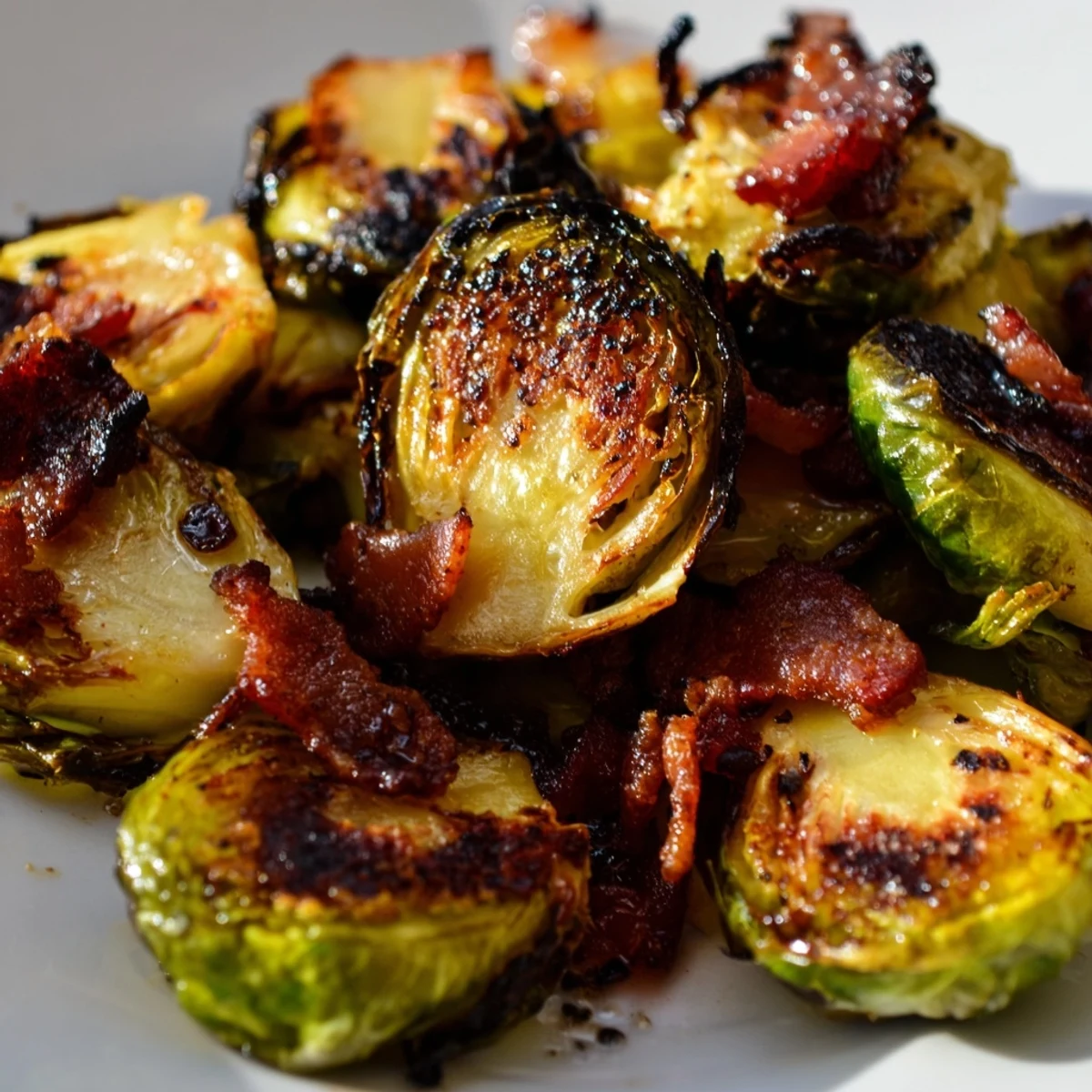 Roasted Brussels sprouts with beef bacon on a baking sheet, caramelized and crisp for a savory side dish.