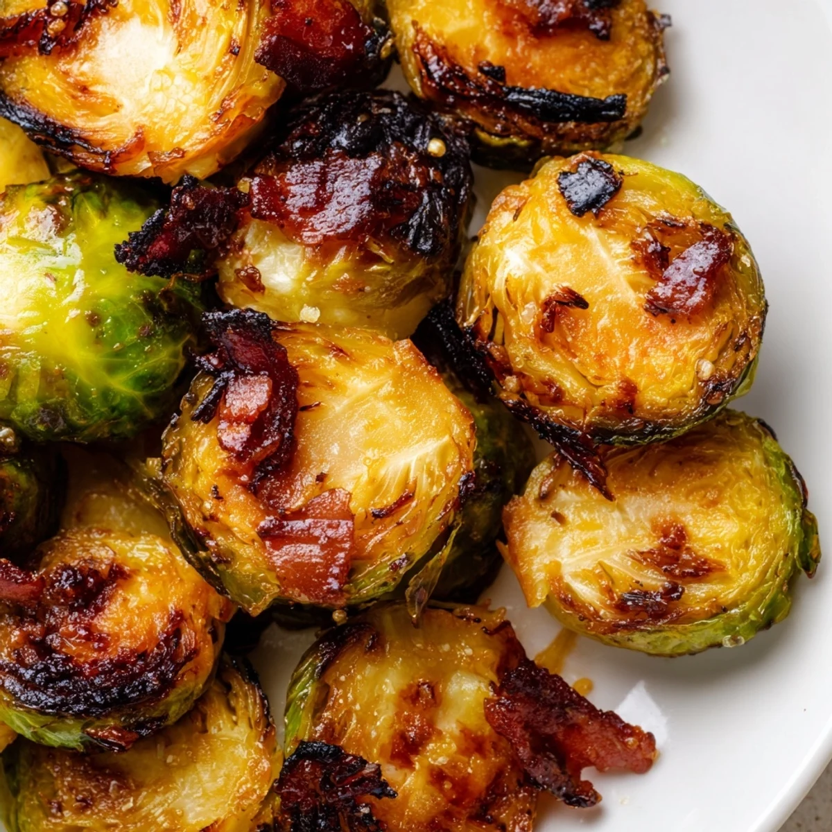 Golden roasted Brussels sprouts tossed with smoky beef bacon, served hot and garnished with fresh cracked pepper.