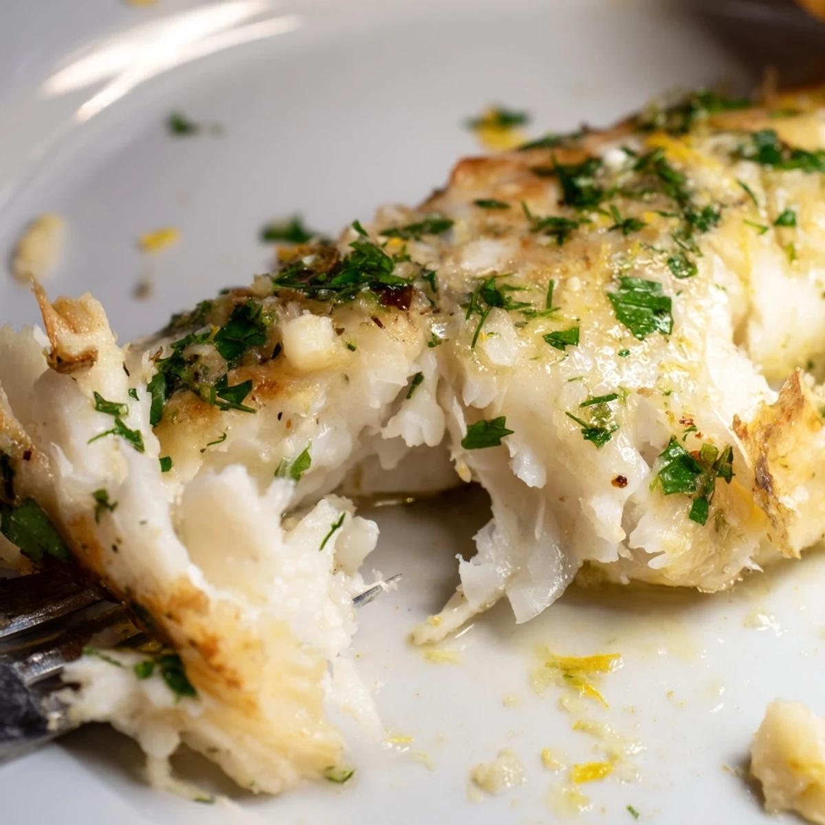 Golden-brown Baked Cod with Lemon Herb Butter glistening on a white plate, flaky texture visible.