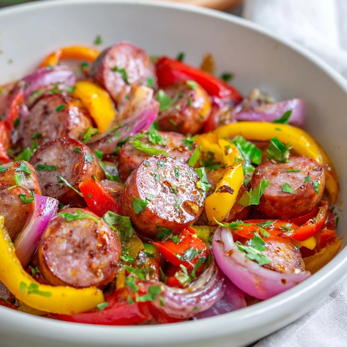 Steaming skillet of spicy beef sausage and peppers with vibrant red, yellow, and green slices, garnished with fresh parsley.