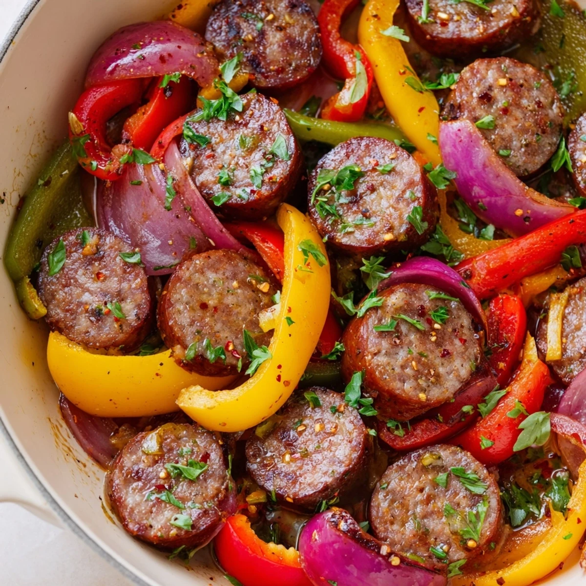A close-up of sizzling spicy beef sausage and pepper skillet, served warm as a quick weeknight dinner for four.