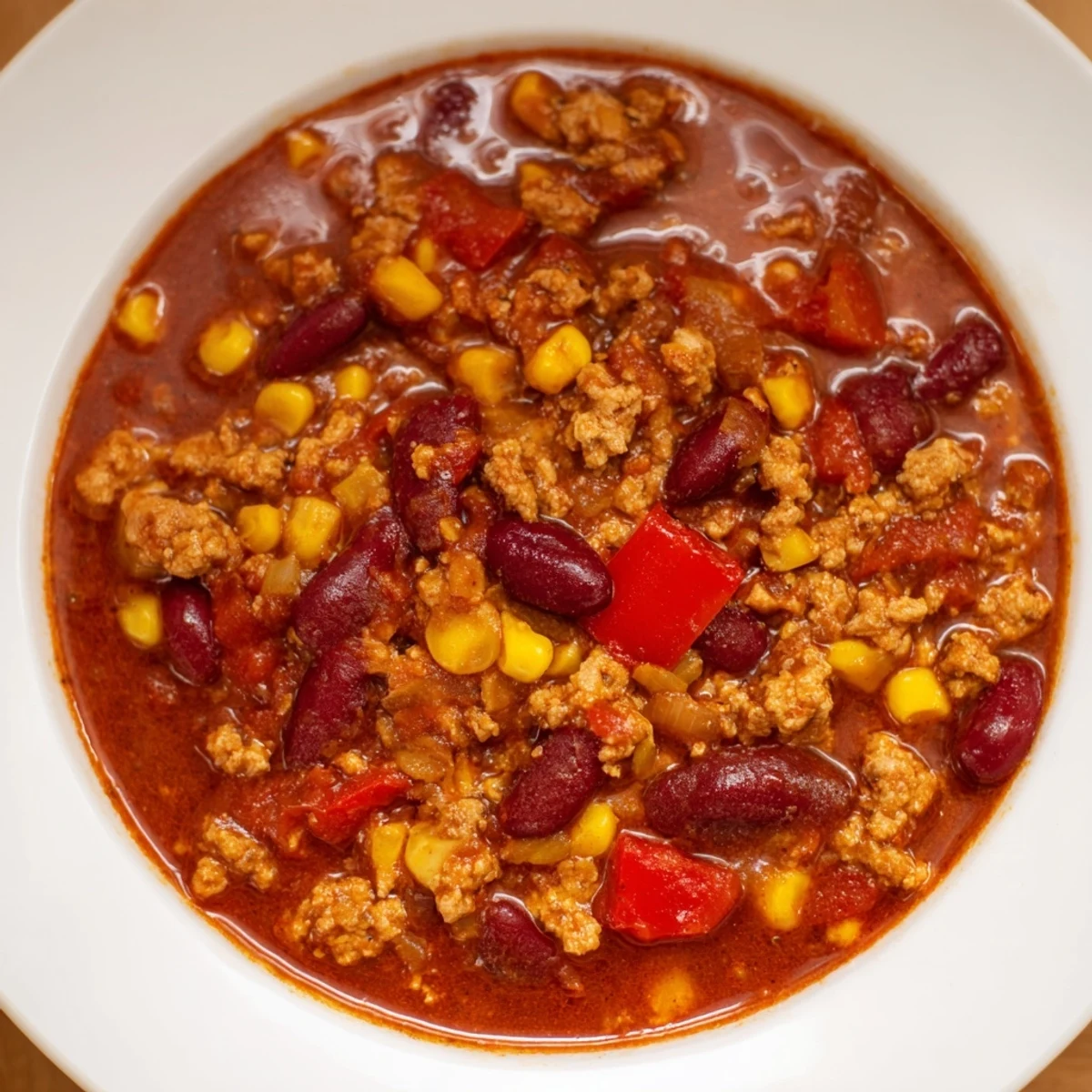A steaming bowl of turkey chili with kidney beans and corn, topped with fresh cilantro, next to a slice of golden cornbread.