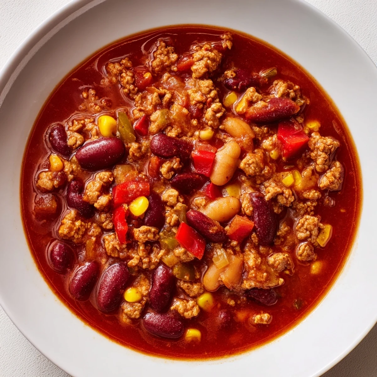 Hearty turkey chili simmered with kidney beans and corn, served alongside moist cornbread on a rustic table.