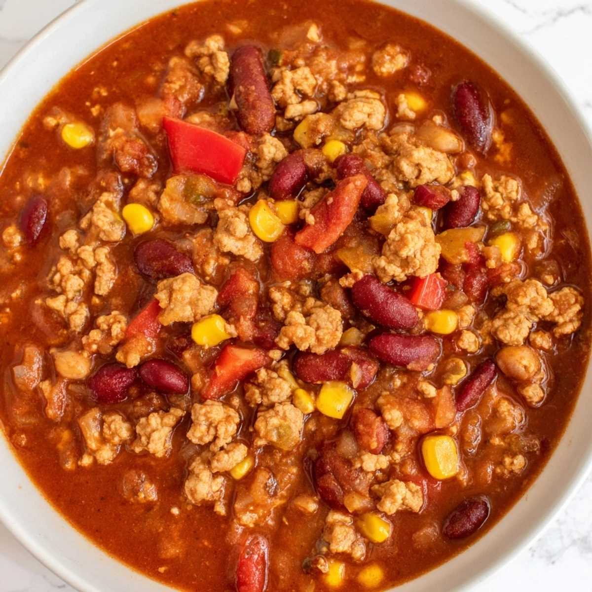 Spicy turkey chili with kidney beans and corn, garnished with lime, next to a warm slice of cornbread.