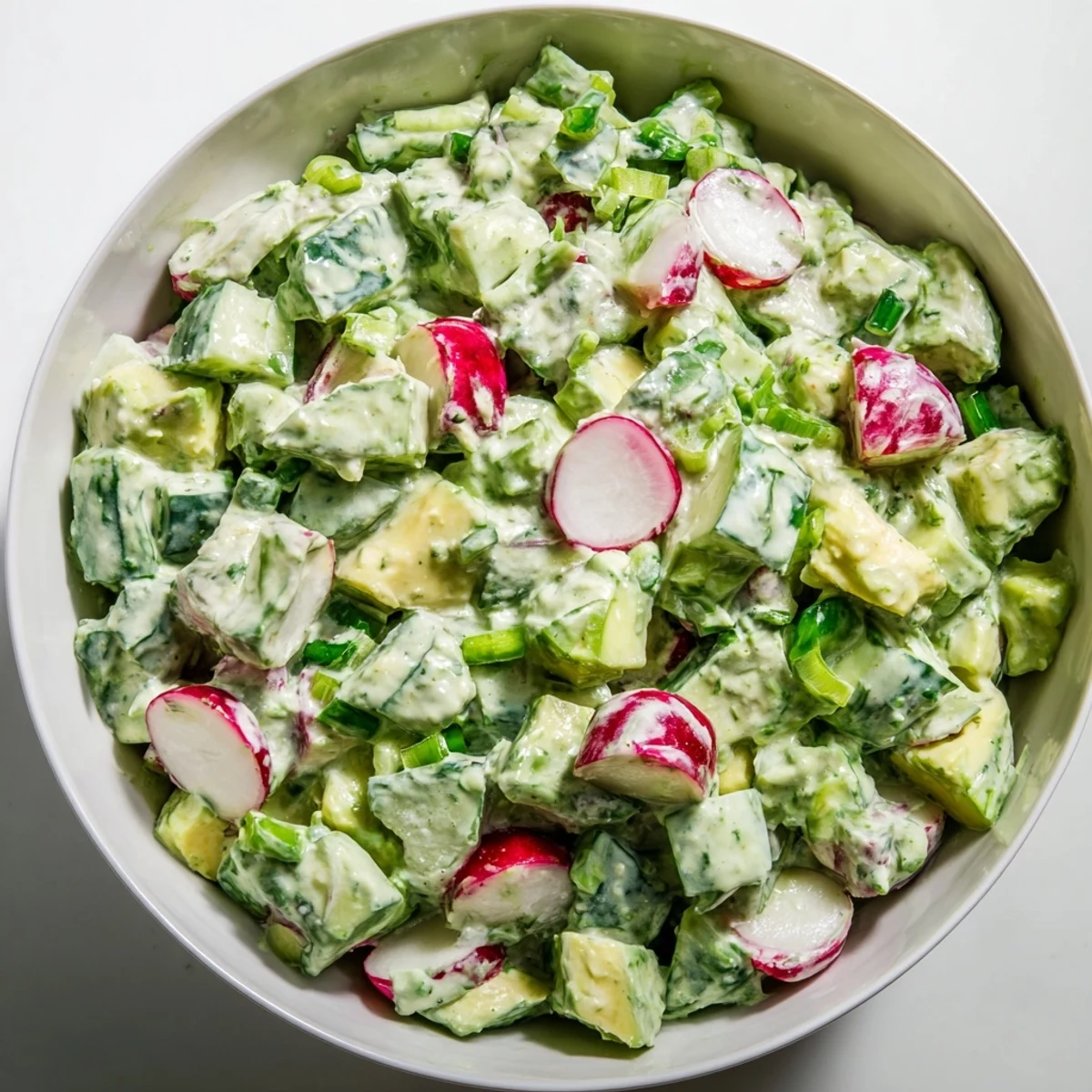 Bright Green Goddess Salad featuring diced avocado, crunchy cucumbers, and a creamy, zesty homemade dressing.  