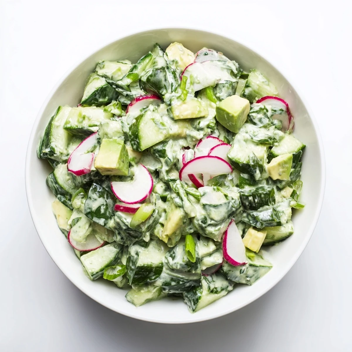 A refreshing bowl of Green Goddess Salad with crisp veggies and rich avocado, perfect for a light lunch.