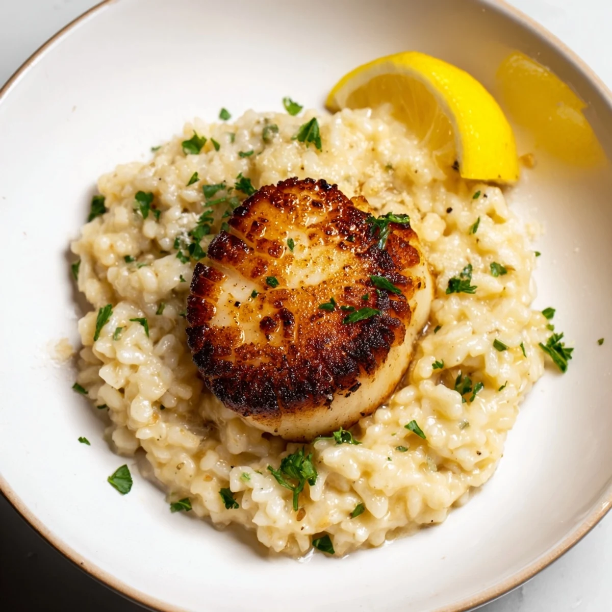 An elegant plating of Date Night Seared Scallops with Risotto, finished with chives and a lemon wedge for brightness.
