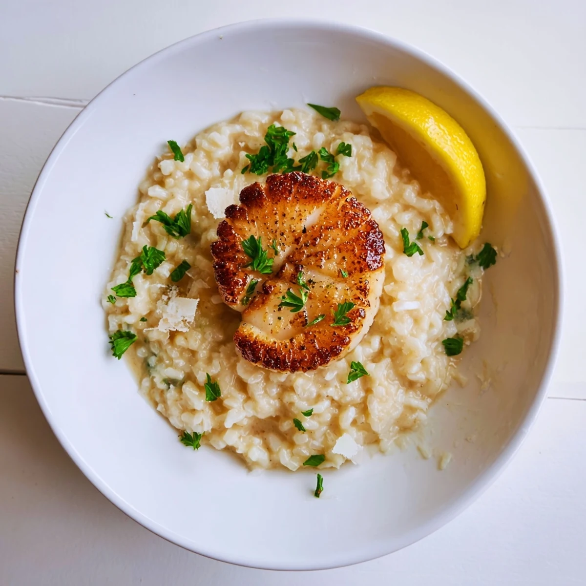Date Night Seared Scallops with Risotto served warm, showcasing a golden crust and velvety texture.