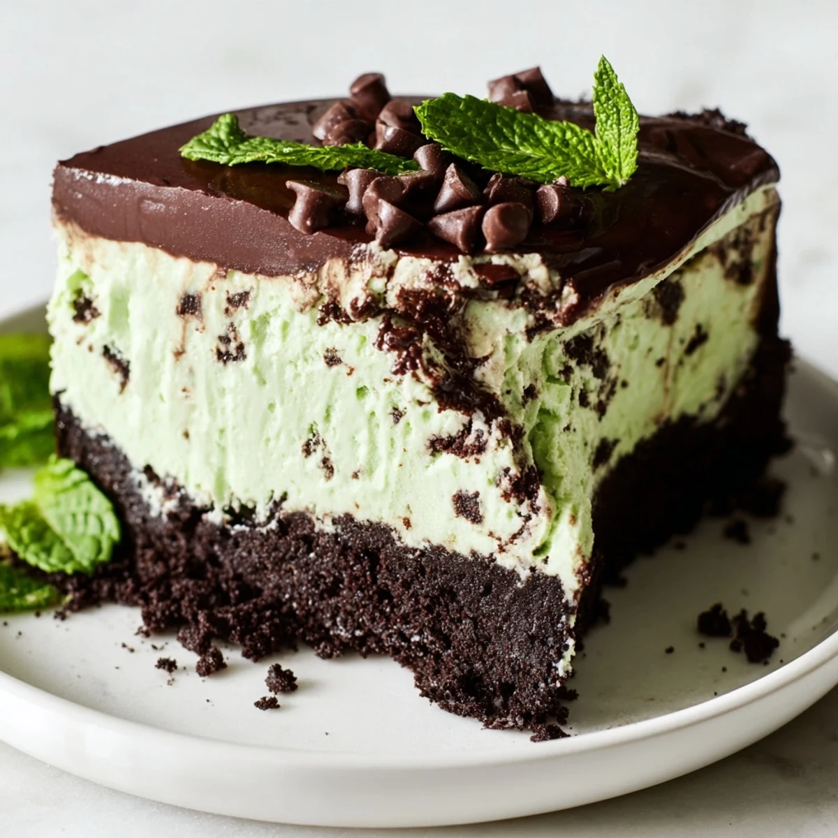 A slice of mint chocolate chip ice cream cake with a crunchy Oreo crust, creamy mint ice cream, and glossy chocolate ganache.  
