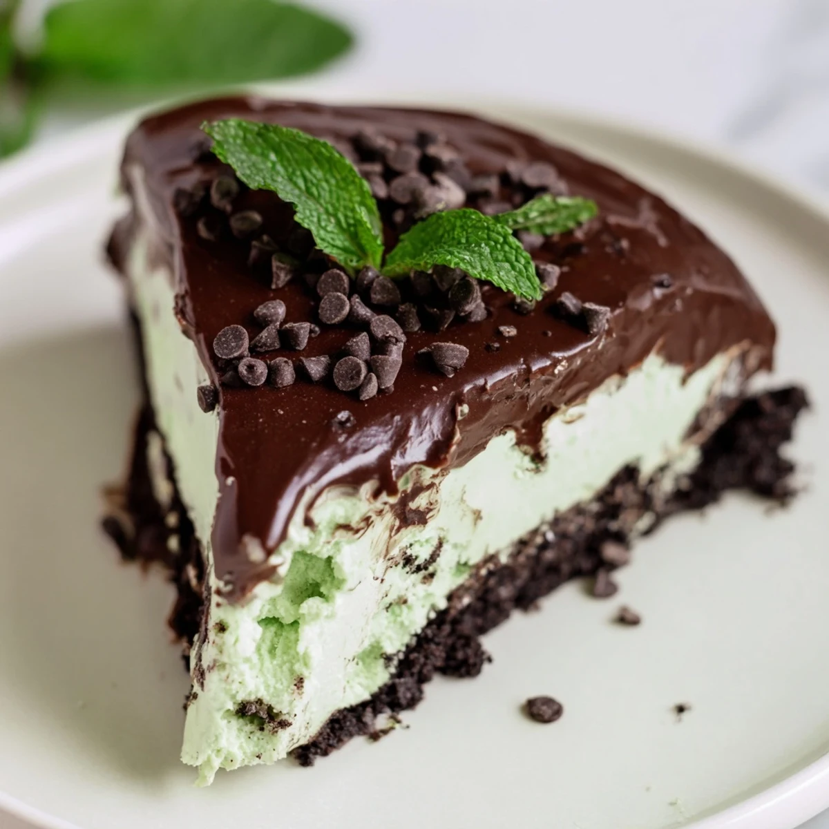 Decadent mint chocolate chip ice cream cake layered with cookie crumb base, minty ice cream, and dark chocolate ganache topping.