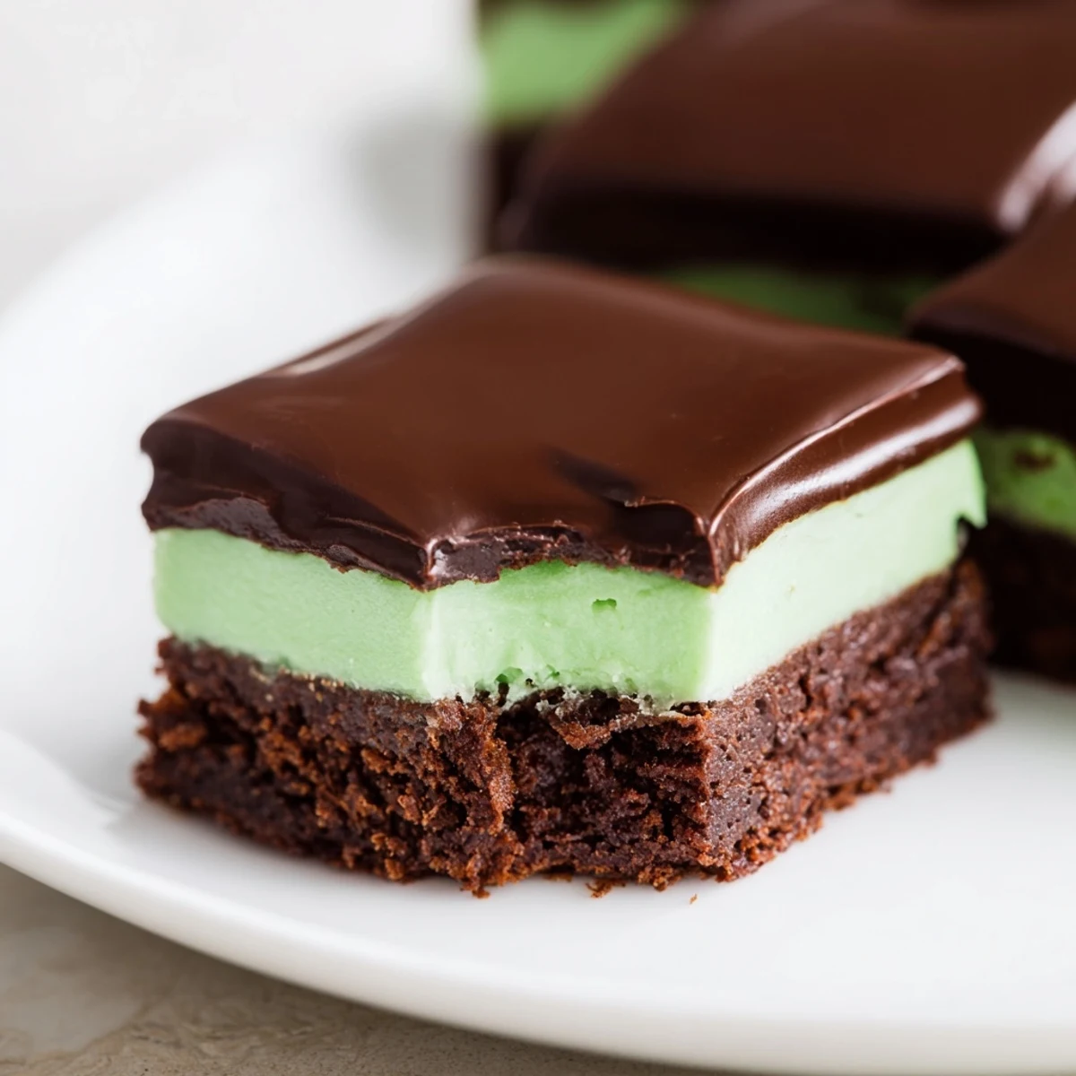Four glossy green mint brownies with ganache sit on a white plate, garnished with fresh mint leaves.