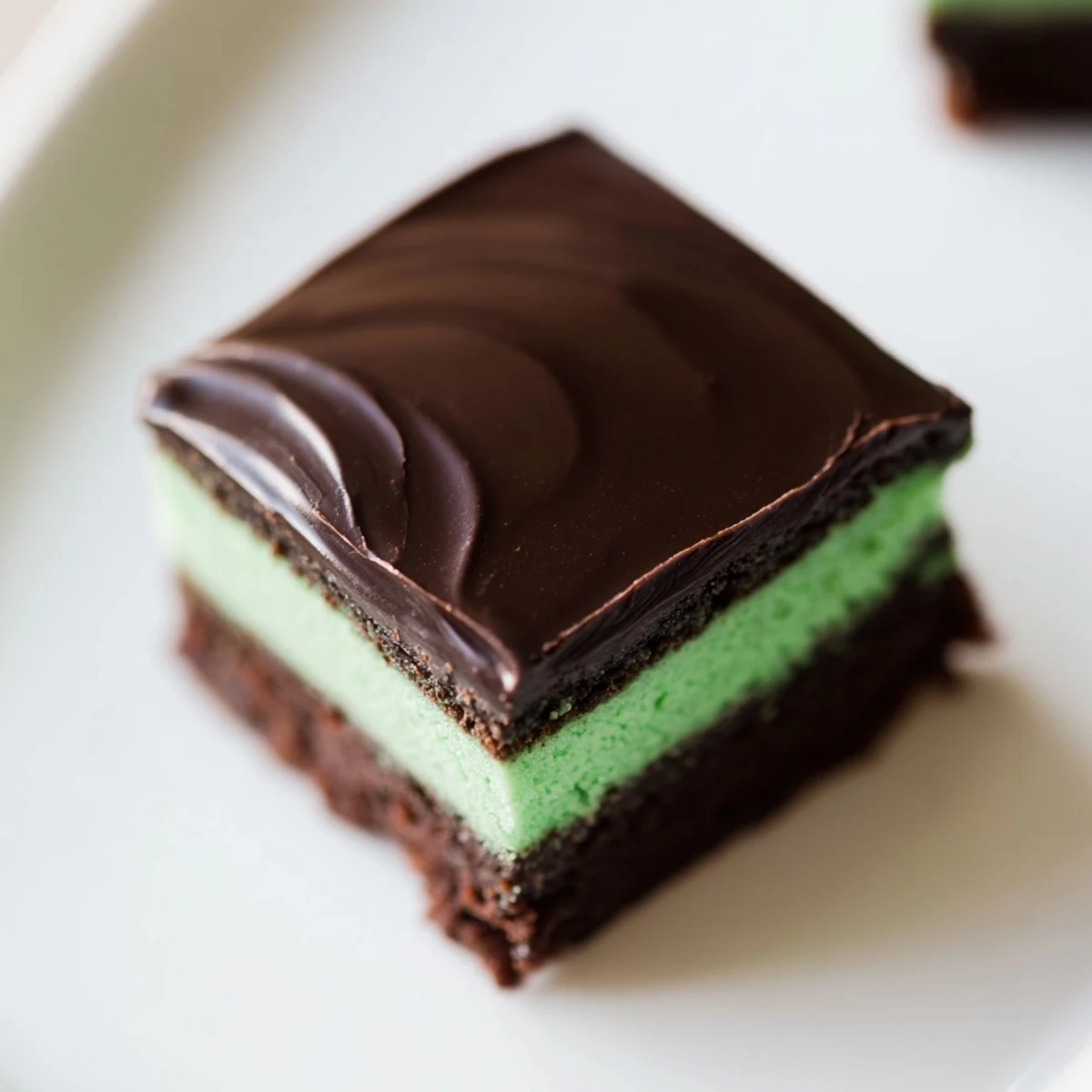 A close-up reveals the fudgy brownie layer, pale mint cream, and shiny chocolate topping.