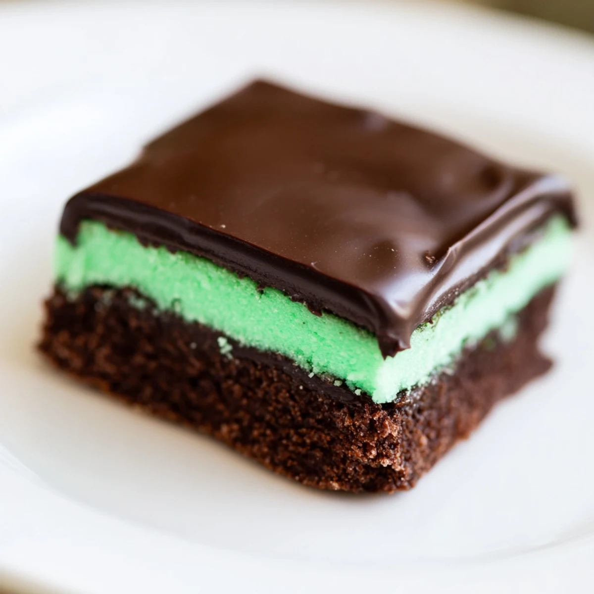 Stacked squares of green mint brownies with ganache on a marble countertop, ready to serve.