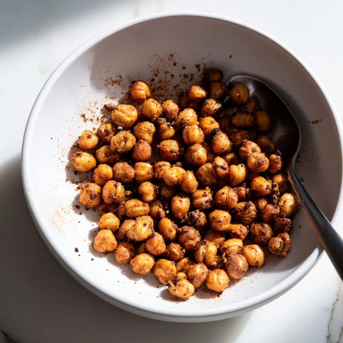 Golden brown Cajun Spiced Roasted Chickpeas piled high on a rustic wooden serving board.
