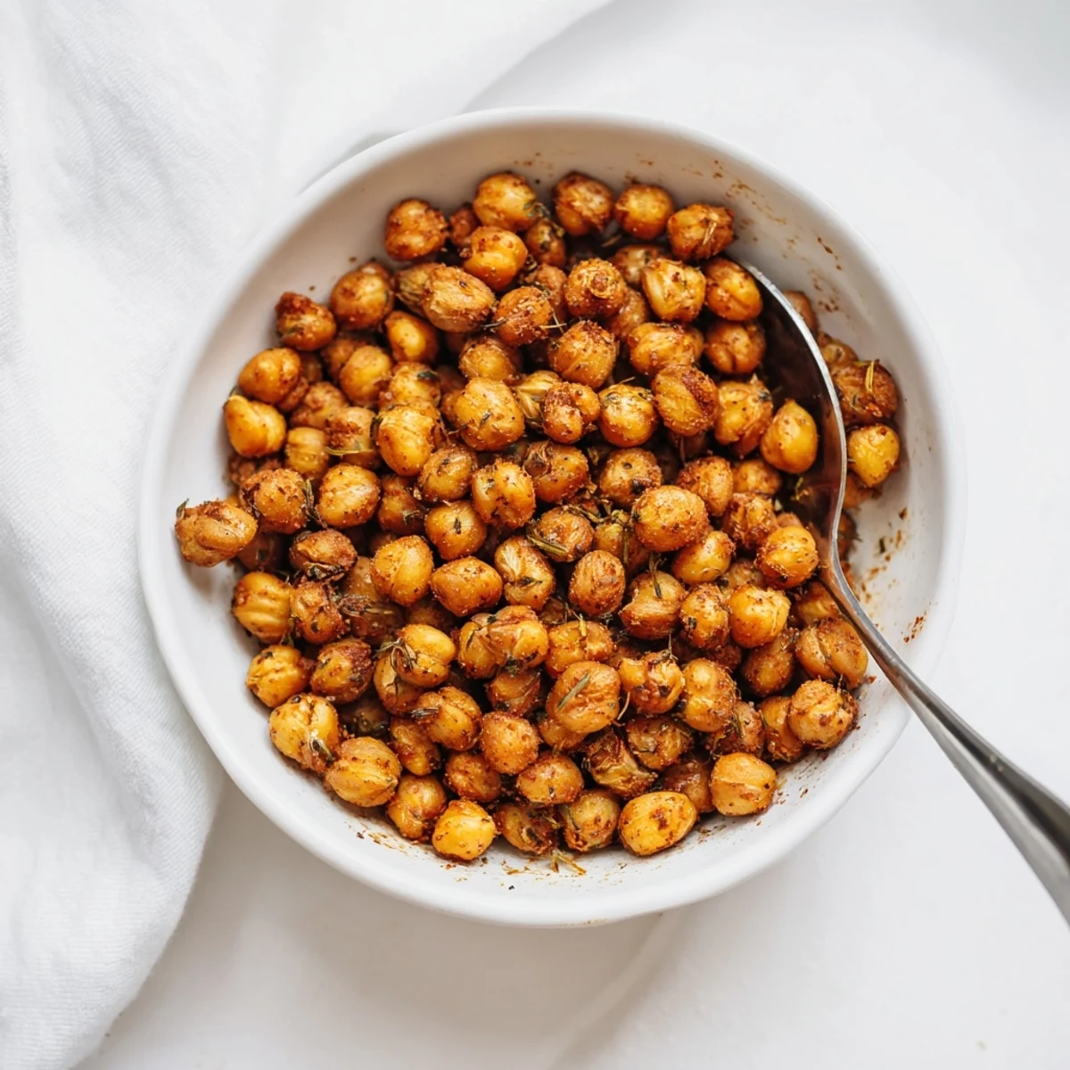 A bowl of Cajun Spiced Roasted Chickpeas garnished with fresh thyme and a lemon wedge.