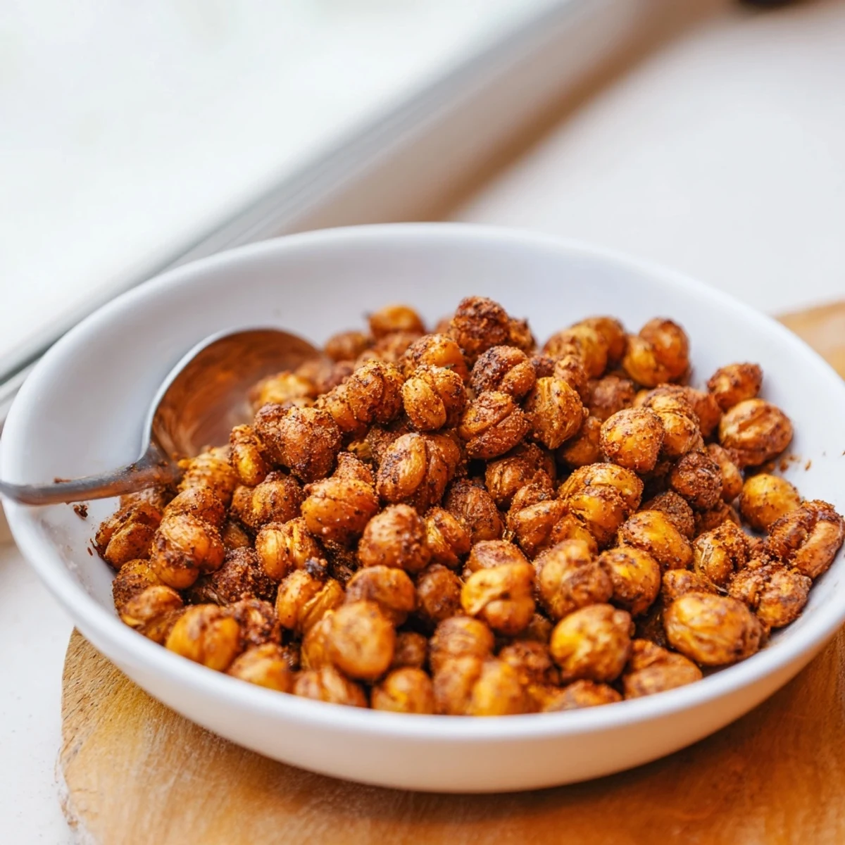 Cajun Spiced Roasted Chickpeas scattered over a fresh green garden salad for a crunchy topping.