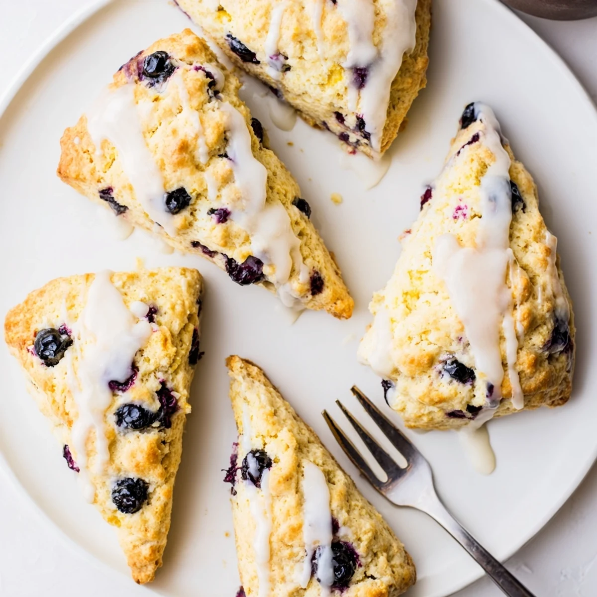 Golden Lemon Blueberry Scones with Vanilla Glaze are arranged on a rustic wooden table, perfect for breakfast or brunch.