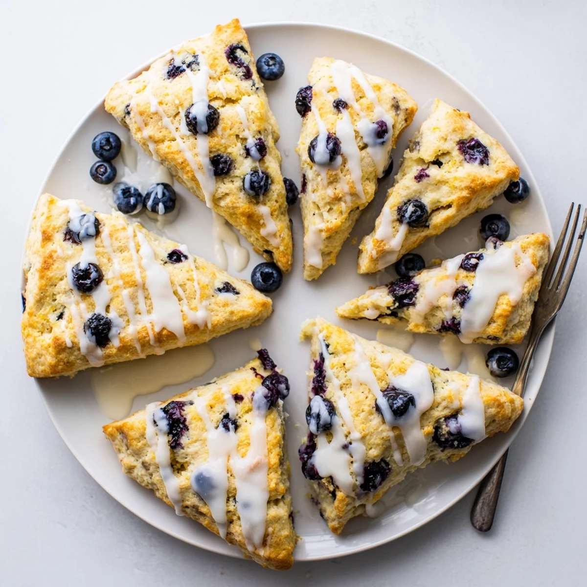 Freshly baked Lemon Blueberry Scones with Vanilla Glaze drizzled on top, served warm beside a steaming mug of coffee.