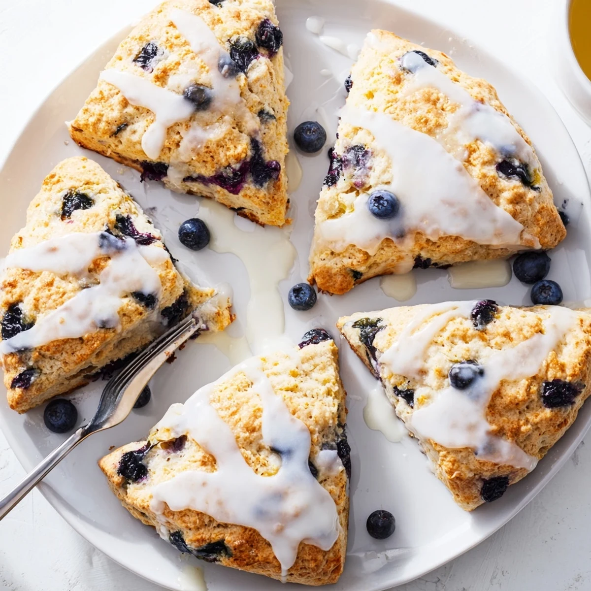 Close-up of Lemon Blueberry Scones with Vanilla Glaze, showing juicy blueberries and a tender, flaky crumb on a parchment-lined tray.