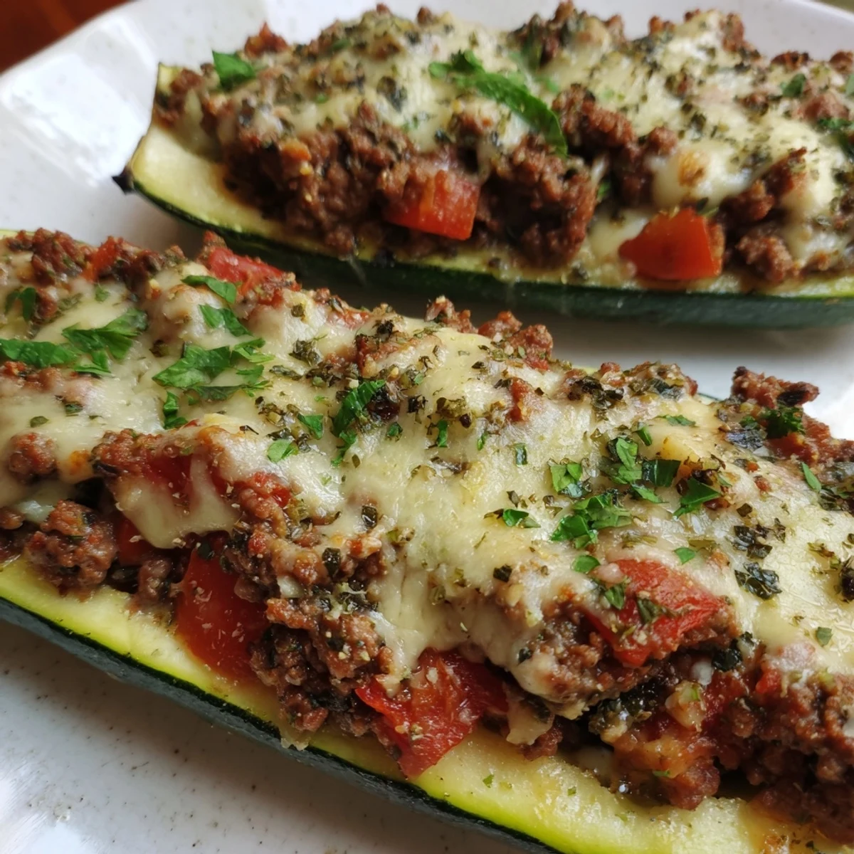 Ground beef filling in baked zucchini boats with melted cheese, garnished with fresh parsley, perfect for quick weeknight keto meals.