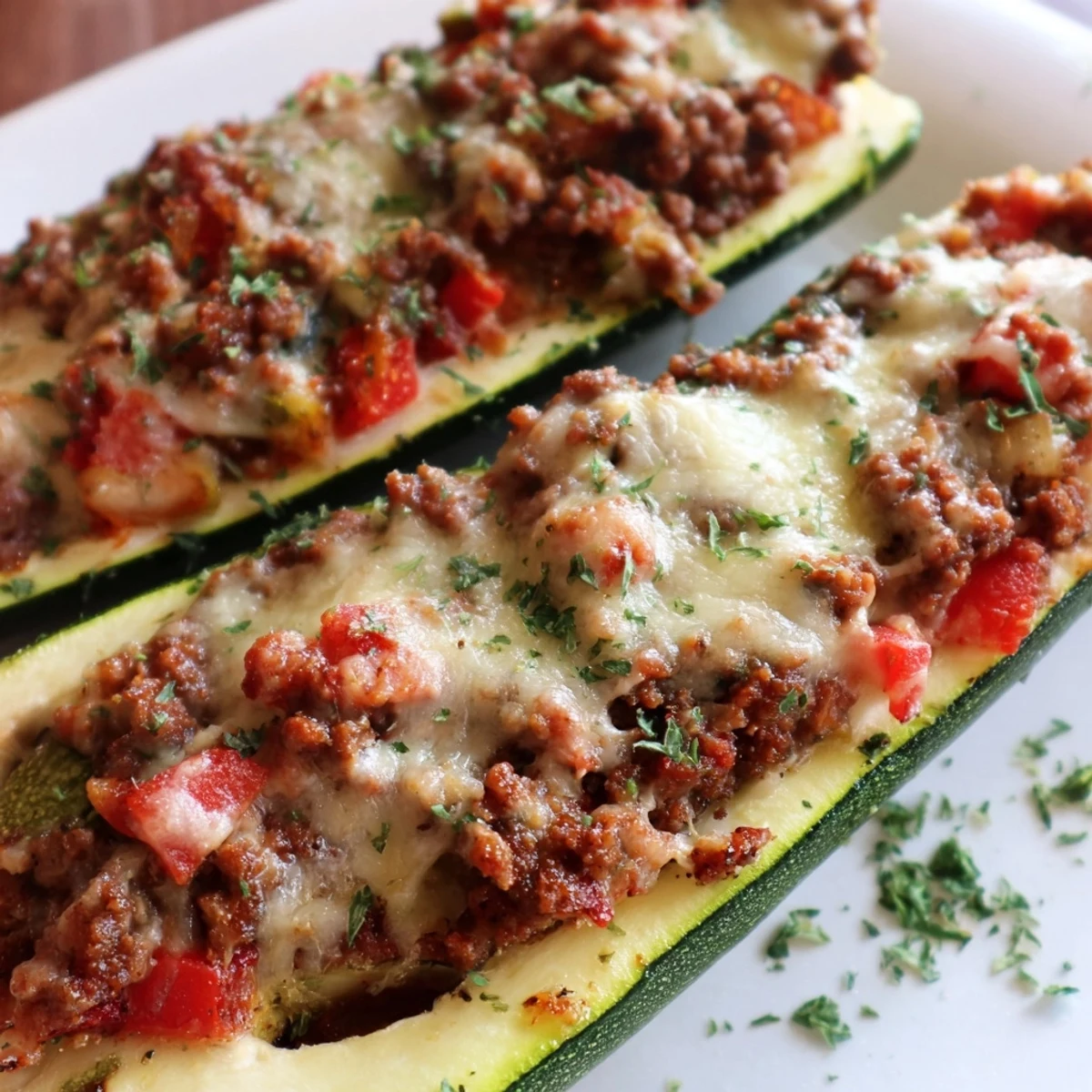 Golden-brown zucchini boats filled with herbs and beef, topped with melted cheese, served hot from the oven on a white dish.